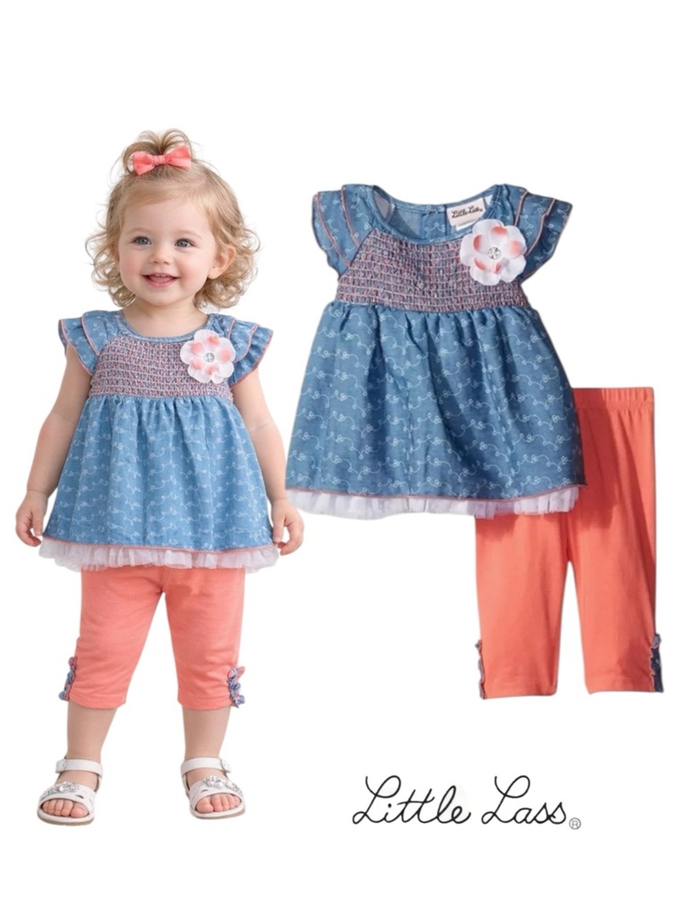 Little Lass Blue Coral Smocked Flower Capri Set NWT Size 24M